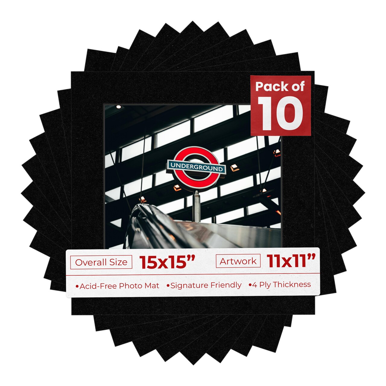 Black with Black Core Mat Board for 15x15 Frames - Fits 11x11 Photos